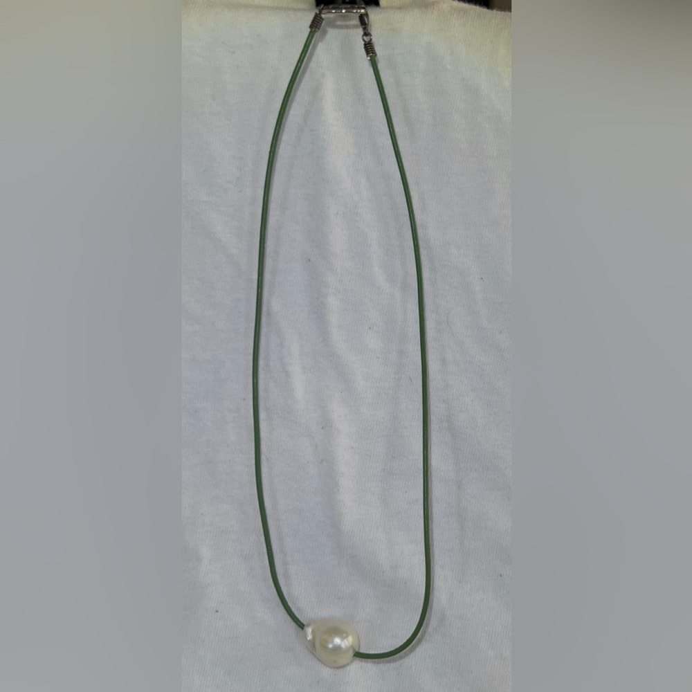 Chan Luu Olive Green Cord Necklace with White Pearl - Picture 2 of 5